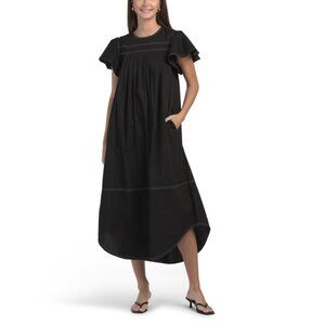 LEA Black Short Sleeve Whipstitch Pleated Maxi Dress